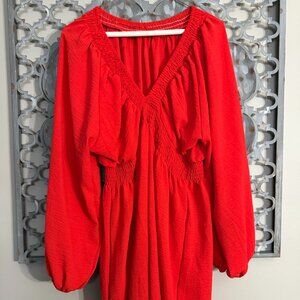 Red Smocked Waist V-Neck Long Sleeve Mini Dress – Size L